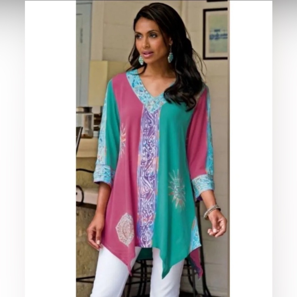 Soft surroundings gauzy lightweight boho asymmetrical hem tunic top size medium